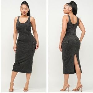 Hera Collection Cargo Dress Sz S Black Acid Wash‎ Utility Stretch Baddie Grunge